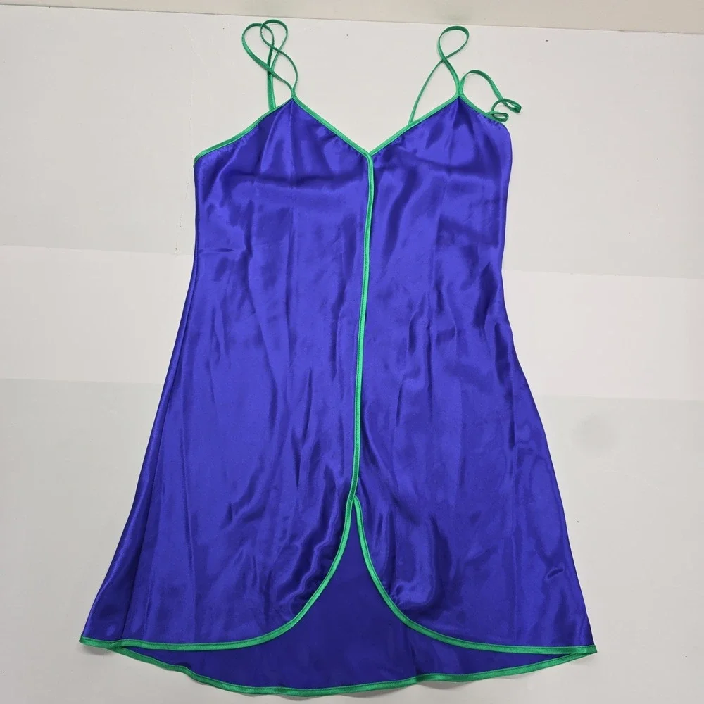 Val Mode Lingerie Vintage Blue and Green Satin Slip Nightgown Chemise MadeinUSA - Picture 1 of 5